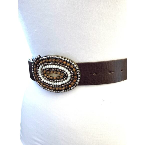 Brown Leather Belt Beaded Oval Buckle Boho Western Tribal Statement Accessory M - Picture 7 of 7